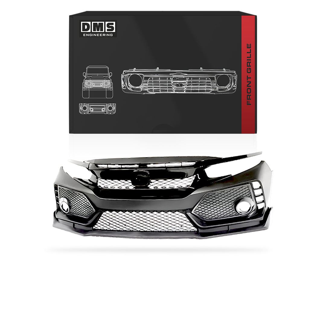 Honda Civic 10th Gen. (2016 - 2018) Type R Style Front Bumper Cover / Bumper Lip / Upper & Lower Grilles 8-Pcs. Conversion Kit