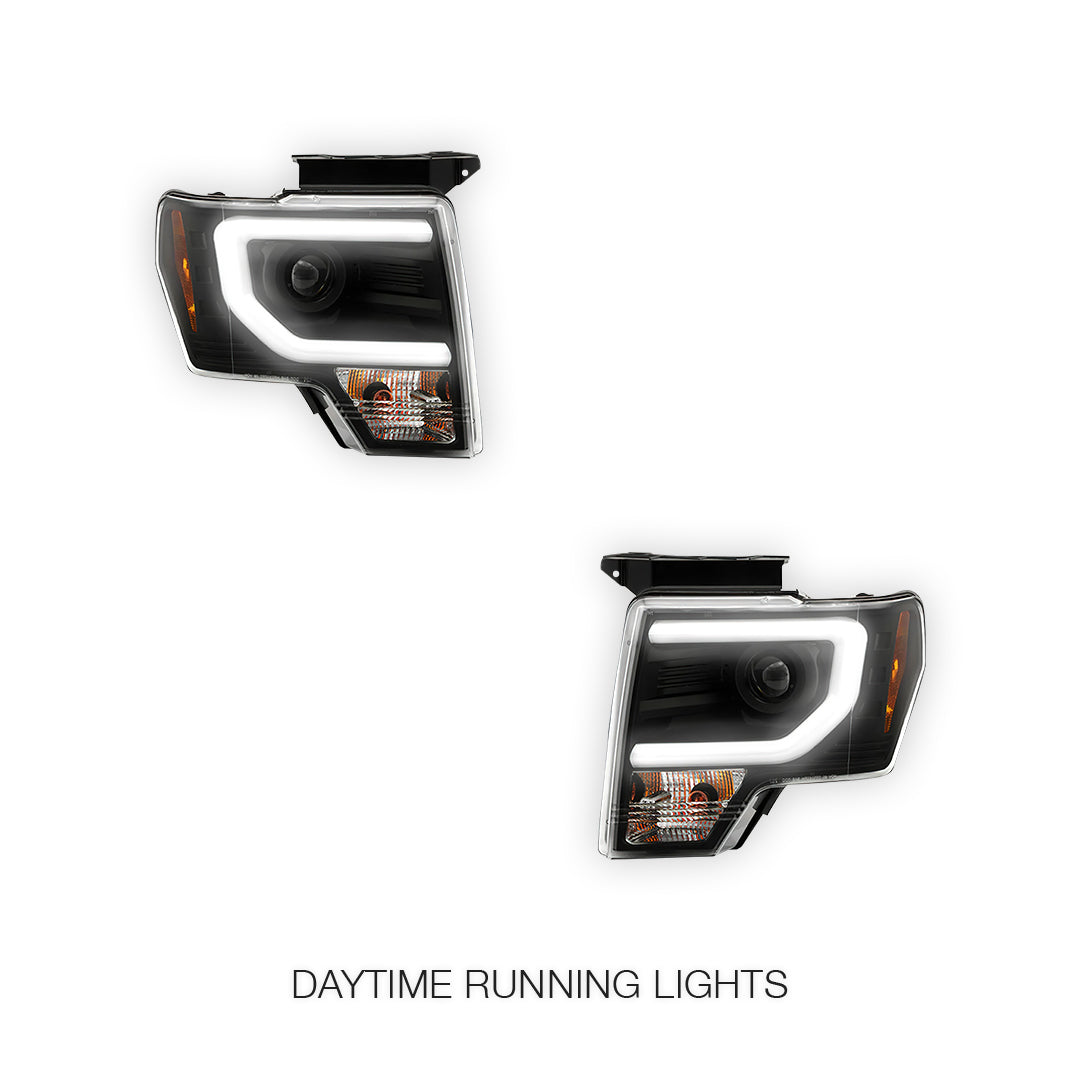 Ford F-150 (2013 - 2014) LED Tube DRL HID/Xenon Black Projector Headlights LH + RH