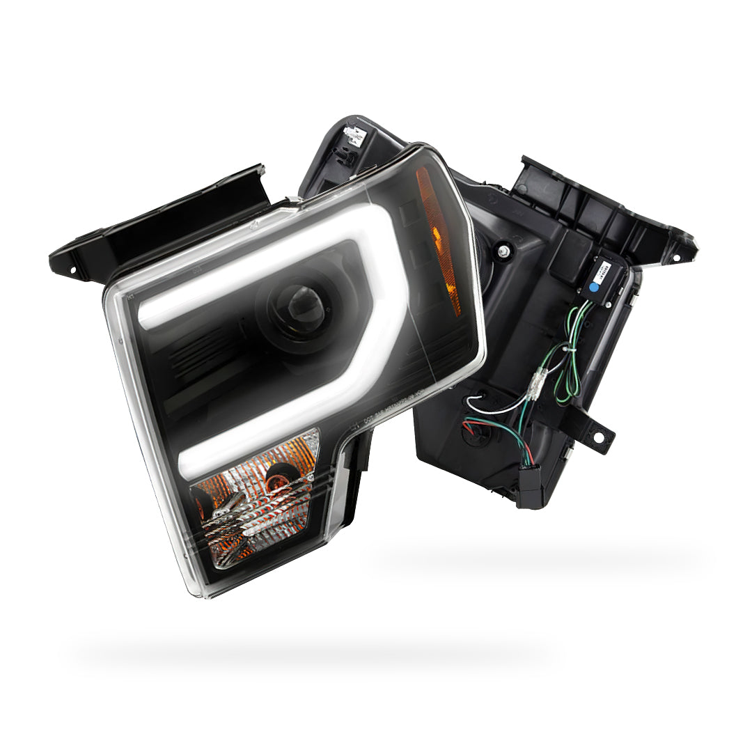 Ford F-150 (2013 - 2014) LED Tube DRL HID/Xenon Black Projector Headlights LH + RH