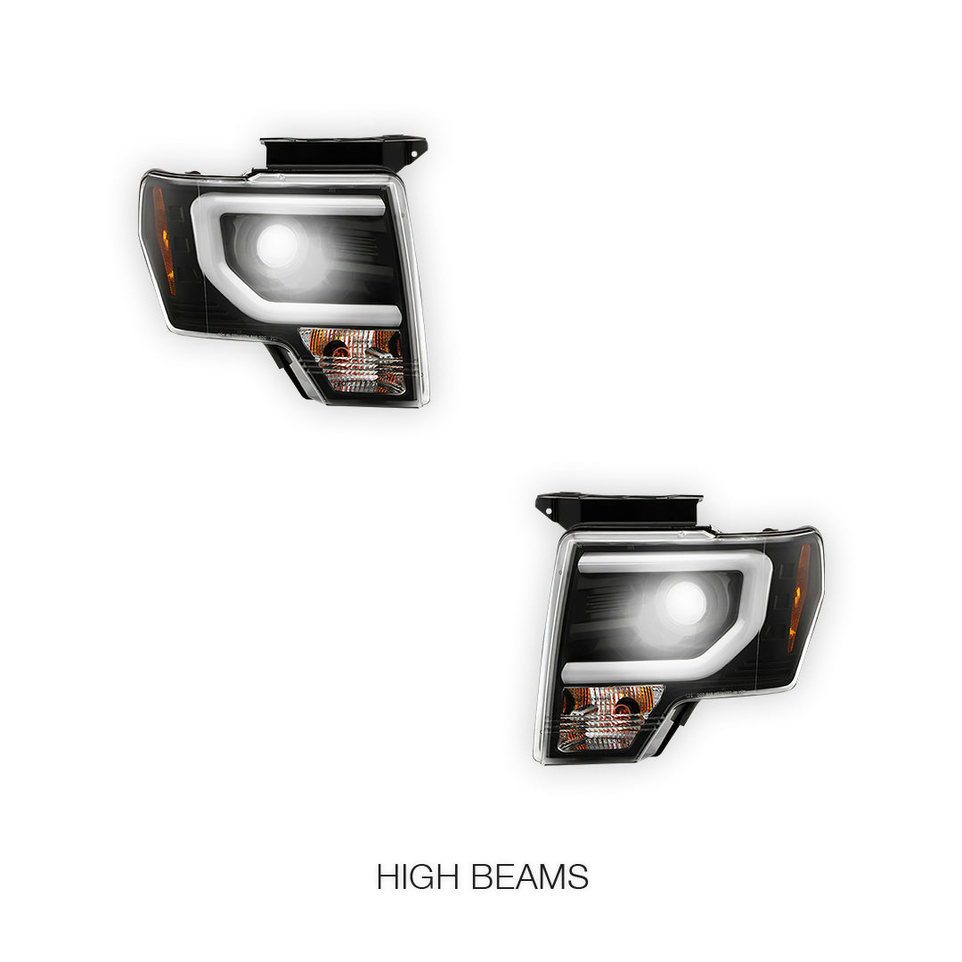 Ford F-150 (2013 - 2014) LED Tube DRL HID/Xenon Black Projector Headlights LH + RH
