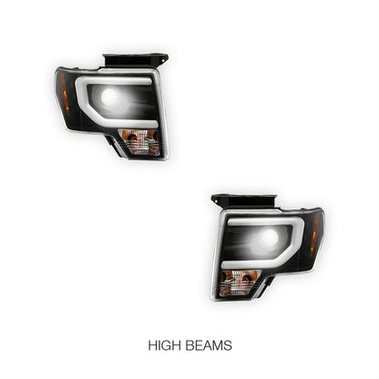 Ford F-150 (2013 - 2014) LED Tube DRL HID/Xenon Black Projector Headlights LH + RH