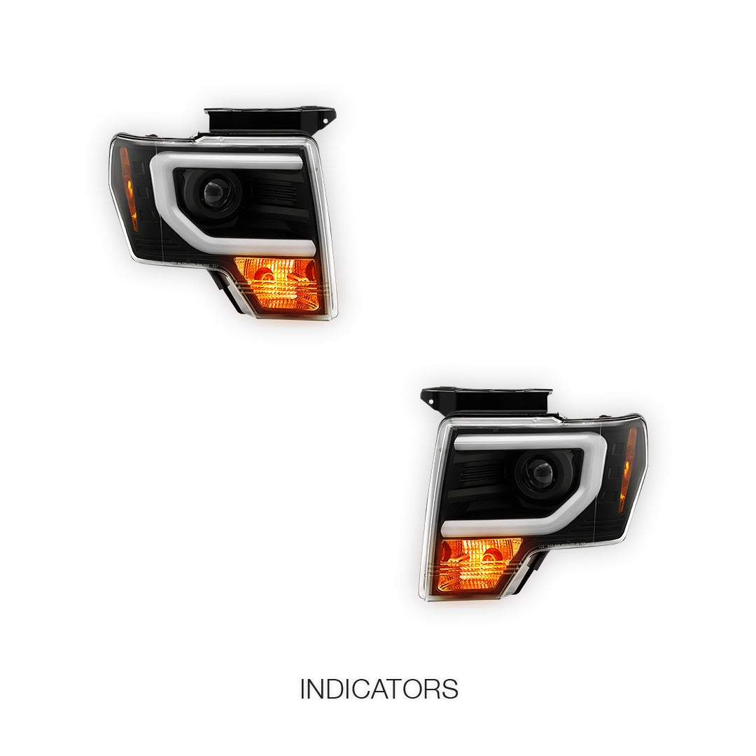 Ford F-150 (2013 - 2014) LED Tube DRL HID/Xenon Black Projector Headlights LH + RH