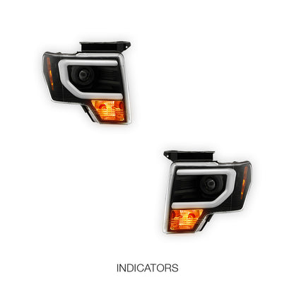 Ford F-150 (2013 - 2014) LED Tube DRL HID/Xenon Black Projector Headlights LH + RH