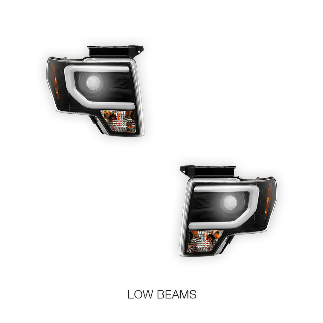 Ford F-150 (2013 - 2014) LED Tube DRL HID/Xenon Black Projector Headlights LH + RH