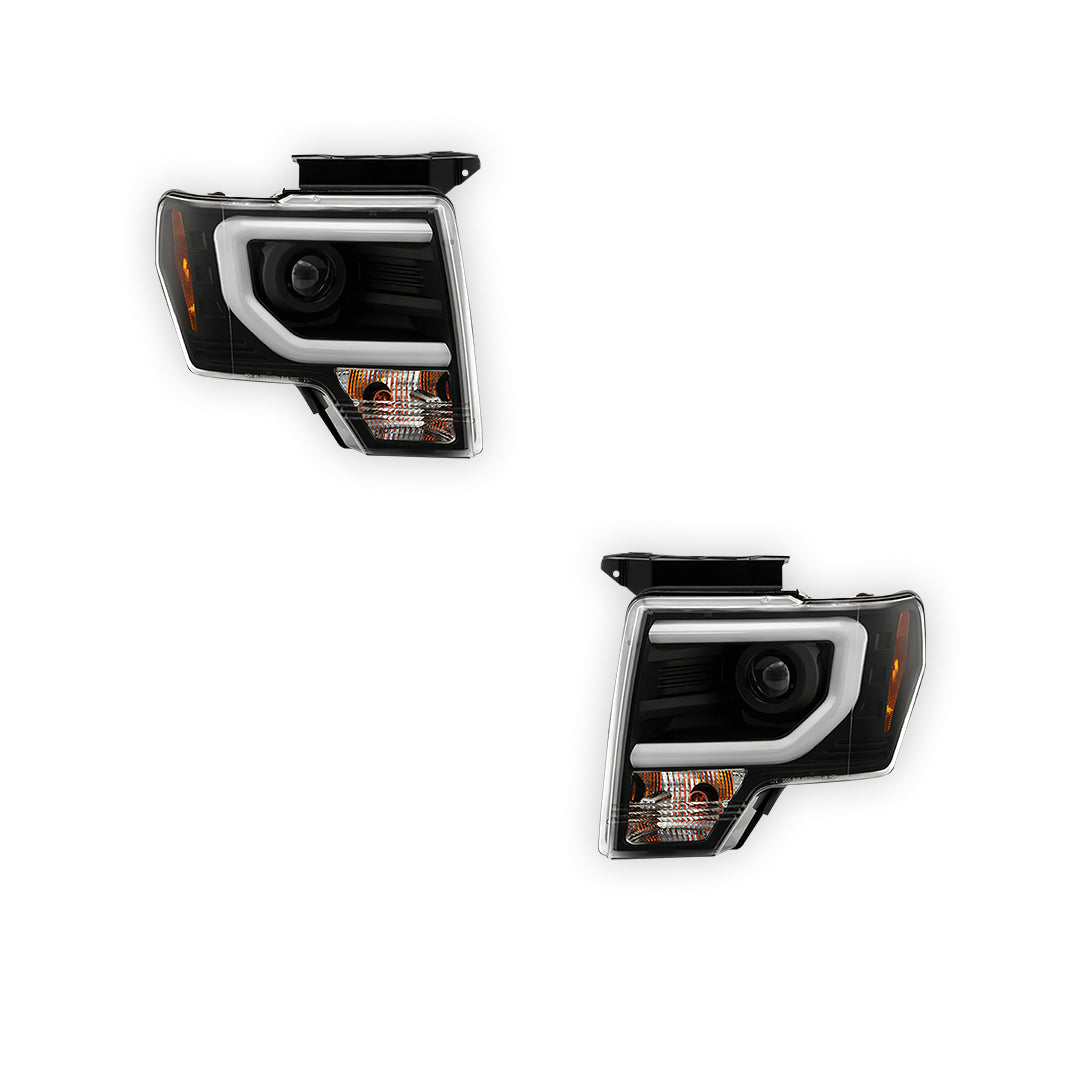 Ford F-150 (2013 - 2014) LED Tube DRL HID/Xenon Black Projector Headlights LH + RH