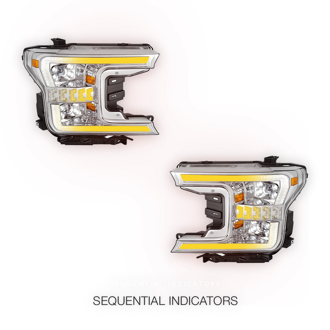 Ford F-150 (2018 - 2020) Full LED Sequential Start-Up LED DRL Switchback Projector Headlights LH + RH