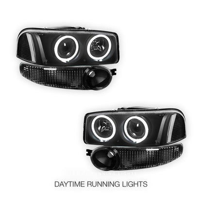 GMC Sierra 1500 Denali (2002 - 2006) Black Dual Halo Projector Headlights LH + RH
