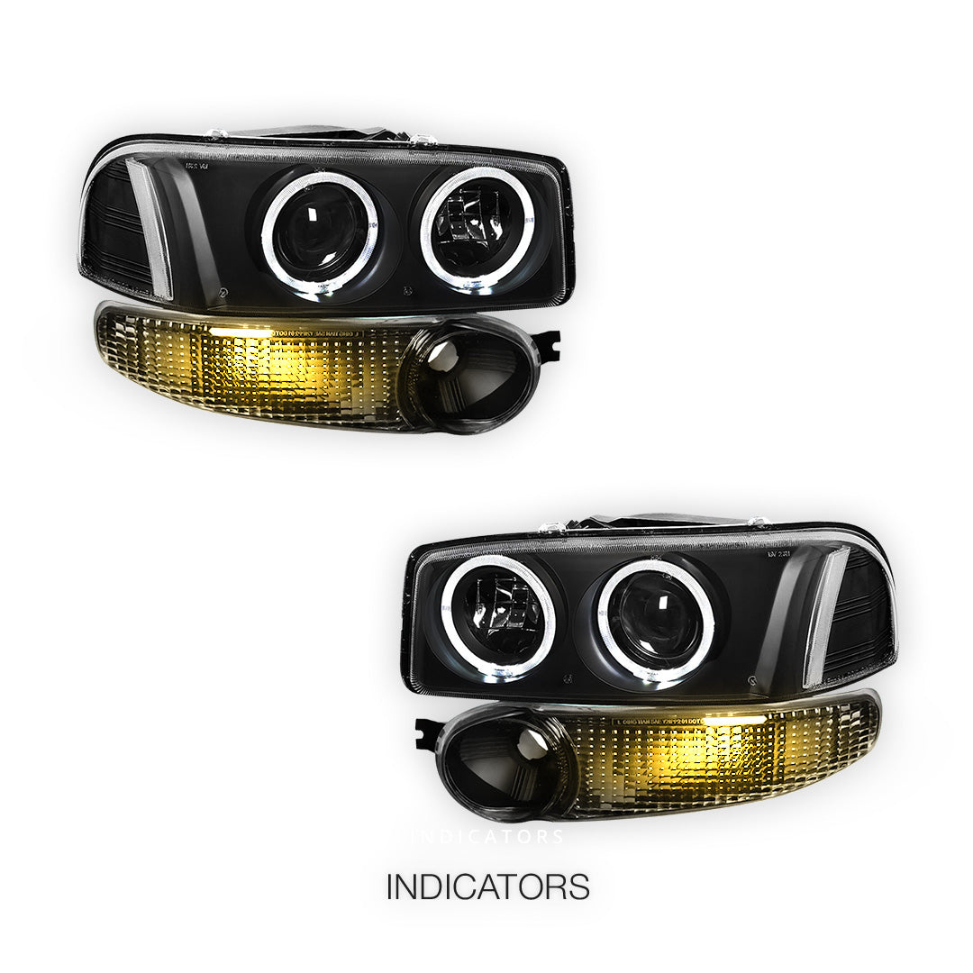 GMC Sierra 1500 Denali (2002 - 2006) Black Dual Halo Projector Headlights LH + RH
