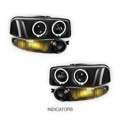 GMC Sierra 1500 Denali (2002 - 2006) Black Dual Halo Projector Headlights LH + RH