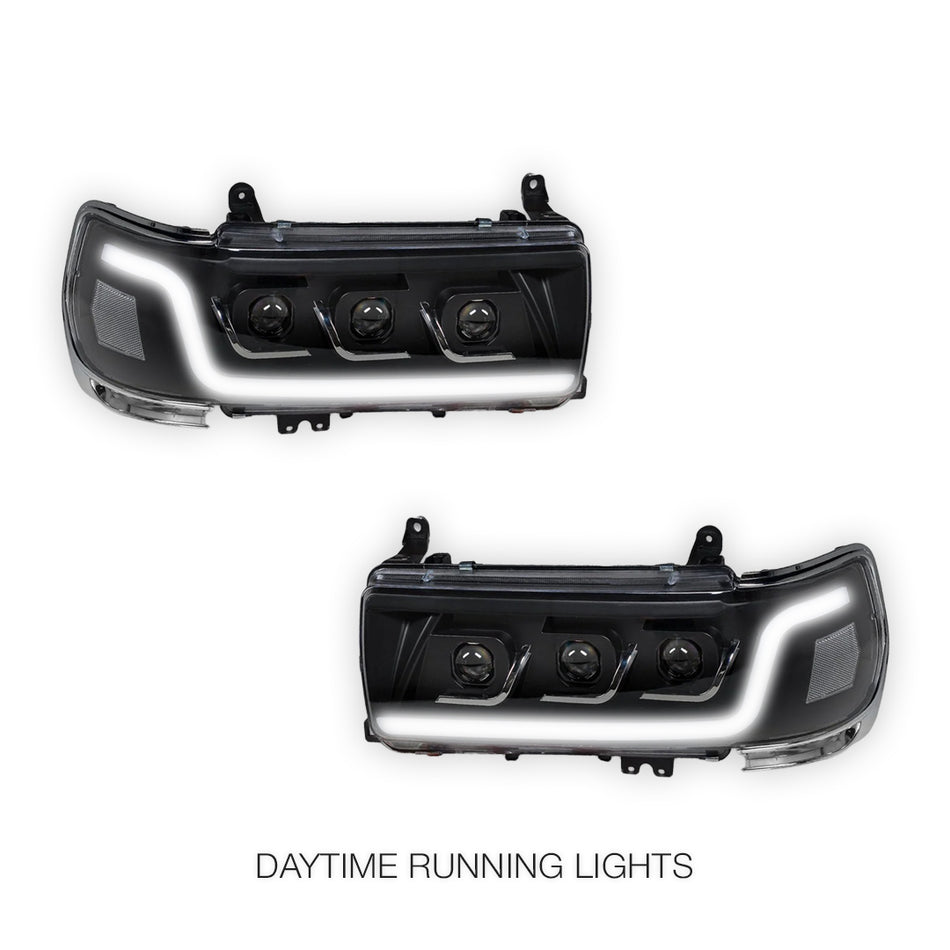 Toyota LandCruiser LC80 / FJ80 (1990 - 1998) Sequential LED DRL Black Projector Headlights LH + RH