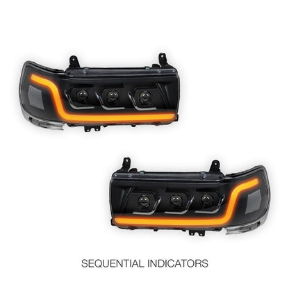 Toyota LandCruiser LC80 / FJ80 (1990 - 1998) Sequential LED DRL Black Projector Headlights LH + RH