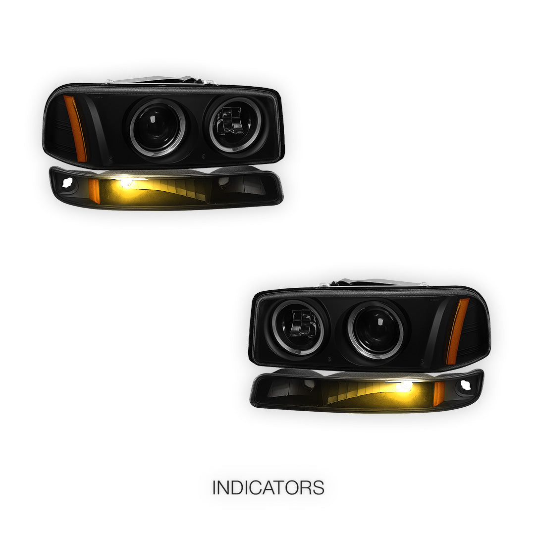 GMC Sierra 1500 Classic Denali (2007) Black Dual Halo Projector Headlights LH + RH