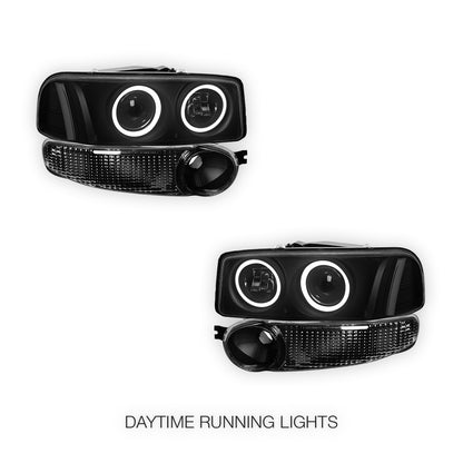 GMC Sierra 1500 Classic Denali (2007) Black Dual Halo Projector Headlights LH + RH