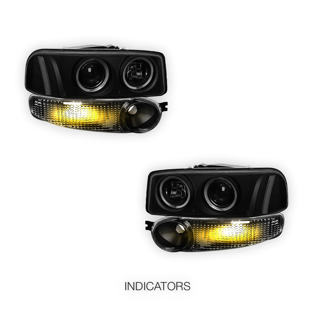 GMC Sierra 1500 Classic Denali (2007) Black Dual Halo Projector Headlights LH + RH