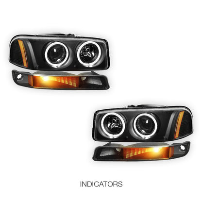 GMC Yukon XL 1500 Denali (2001 - 2006) Black Dual Halo Projector Headlights LH + RH