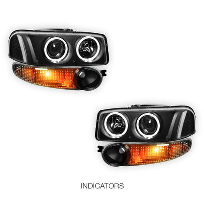 GMC Yukon XL 1500 Denali (2001 - 2006) Black Dual Halo Projector Headlights LH + RH