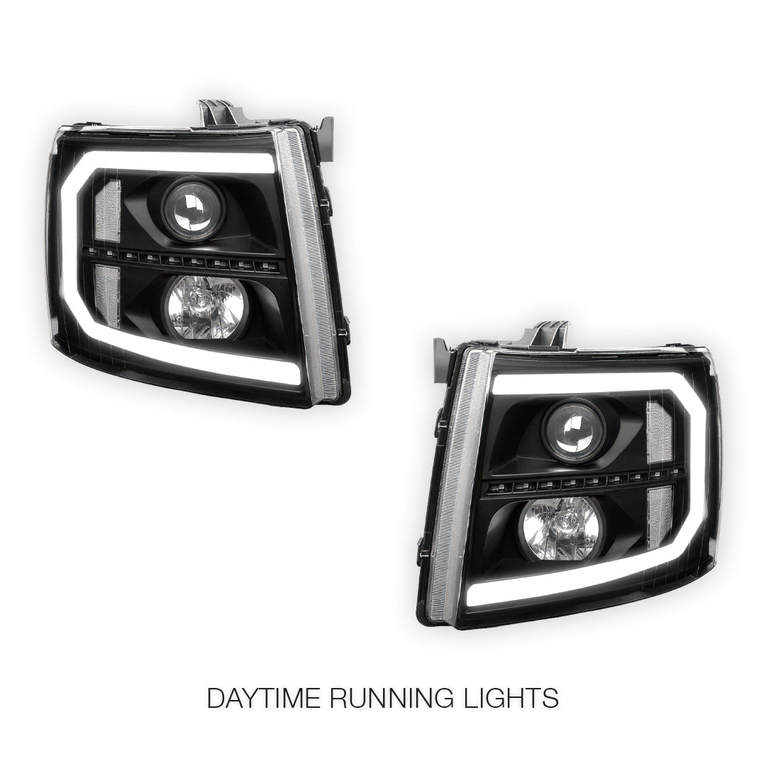 Chevrolet Silverado 3500 LS / LT / LTZ (2007 - 2014) LED DRL Bar + Sequential Signal Projector Headlights LH + RH