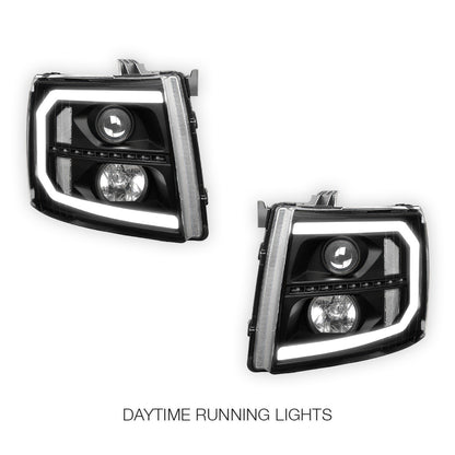 Chevrolet Silverado 3500 LS / LT / LTZ (2007 - 2014) LED DRL Bar + Sequential Signal Projector Headlights LH + RH