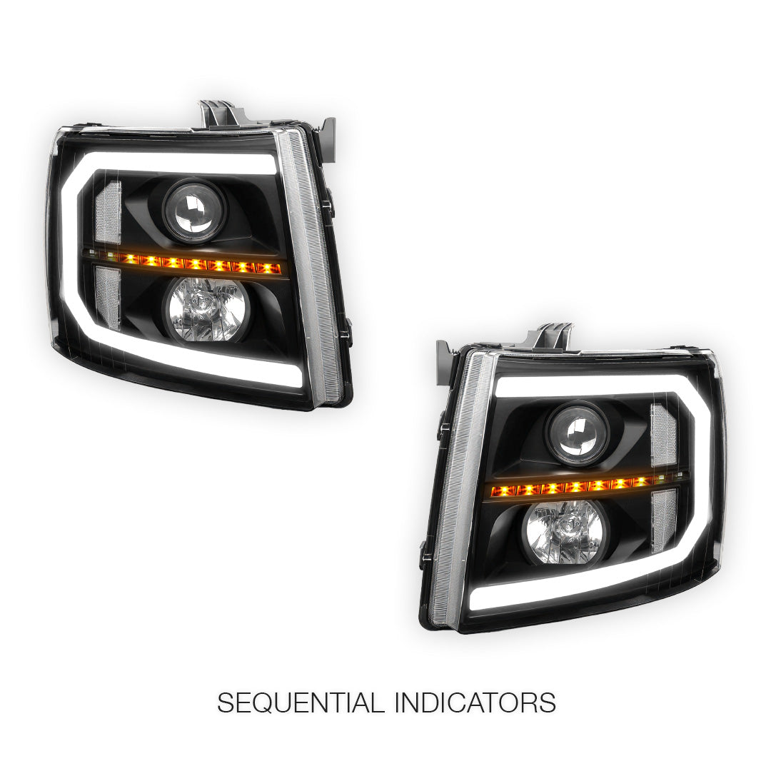 Chevrolet Silverado 3500 LS / LT / LTZ (2007 - 2014) LED DRL Bar + Sequential Signal Projector Headlights LH + RH