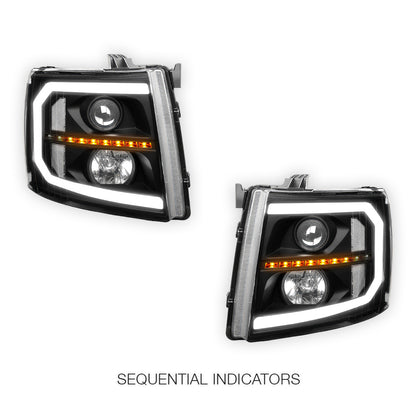 Chevrolet Silverado 3500 LS / LT / LTZ (2007 - 2014) LED DRL Bar + Sequential Signal Projector Headlights LH + RH
