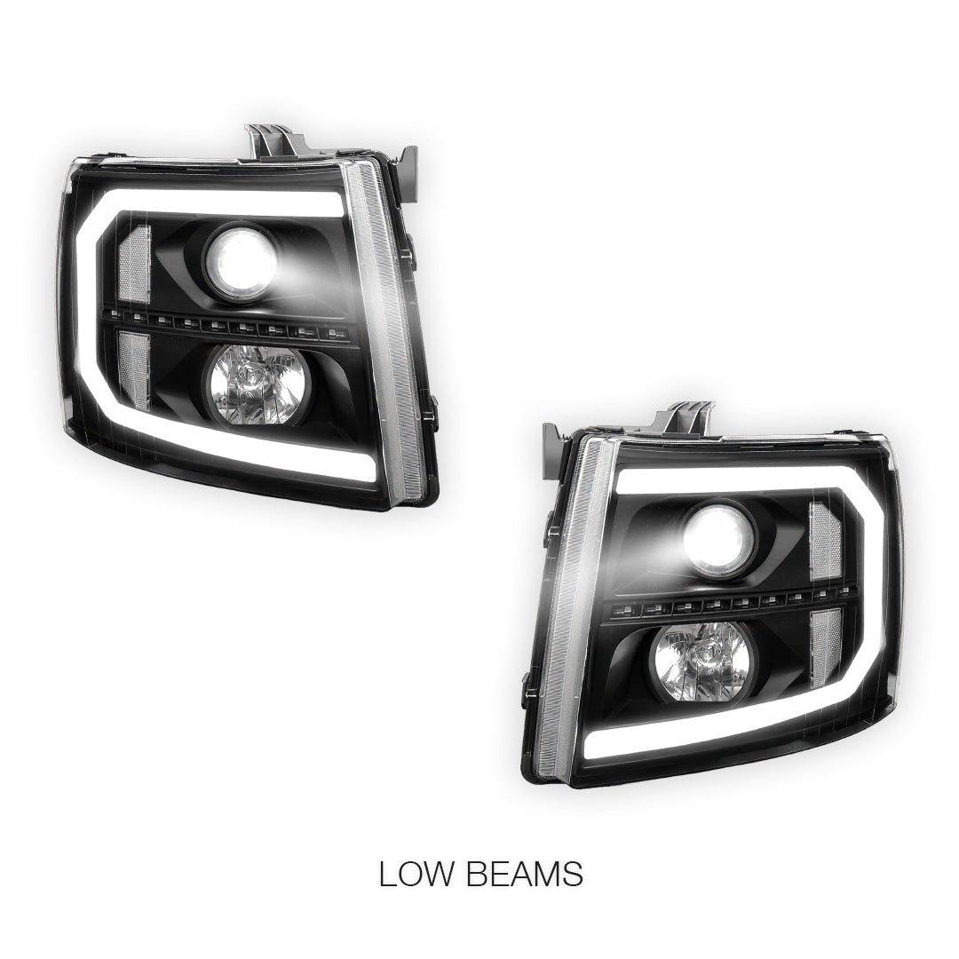 Chevrolet Silverado 3500 LS / LT / LTZ (2007 - 2014) LED DRL Bar + Sequential Signal Projector Headlights LH + RH