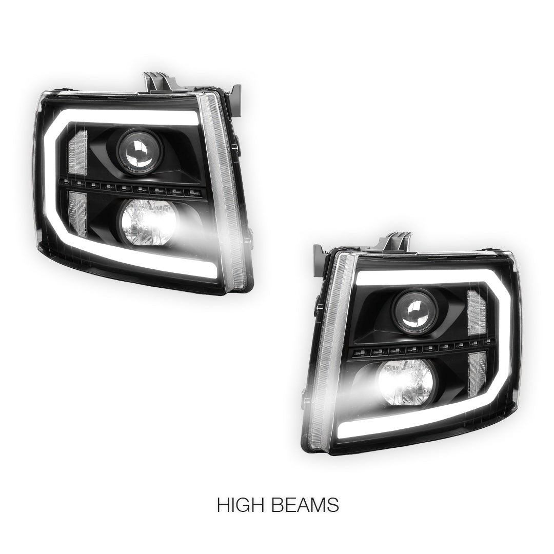 Chevrolet Silverado 3500 LS / LT / LTZ (2007 - 2014) LED DRL Bar + Sequential Signal Projector Headlights LH + RH