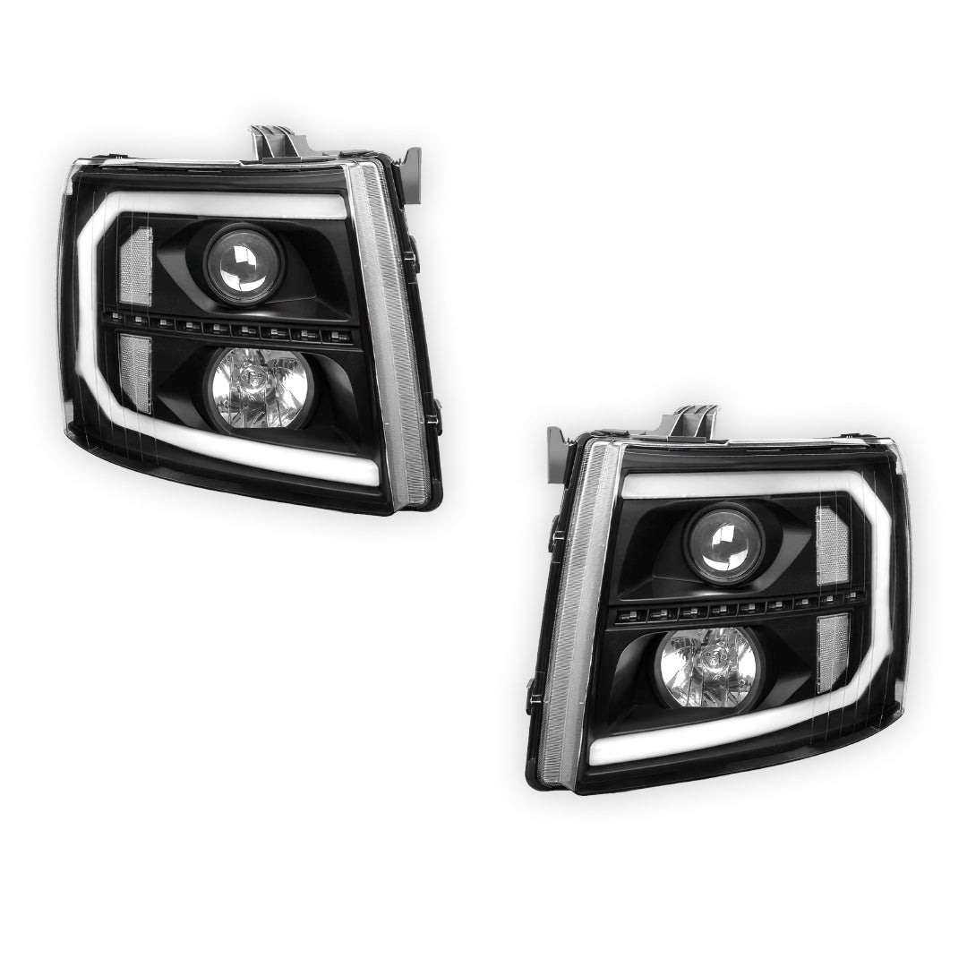 Chevrolet Silverado 3500 LS / LT / LTZ (2007 - 2014) LED DRL Bar + Sequential Signal Projector Headlights LH + RH