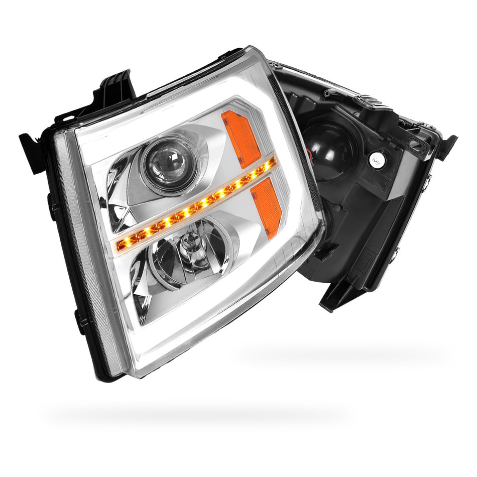 Chevrolet Silverado 3500 LS / LT / LTZ (2007 - 2014) LED DRL Bar + Sequential Signal Projector Headlights LH + RH