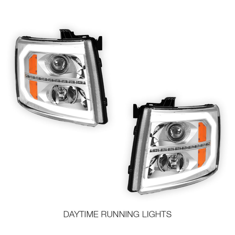 Chevrolet Silverado 3500 LS / LT / LTZ (2007 - 2014) LED DRL Bar + Sequential Signal Projector Headlights LH + RH