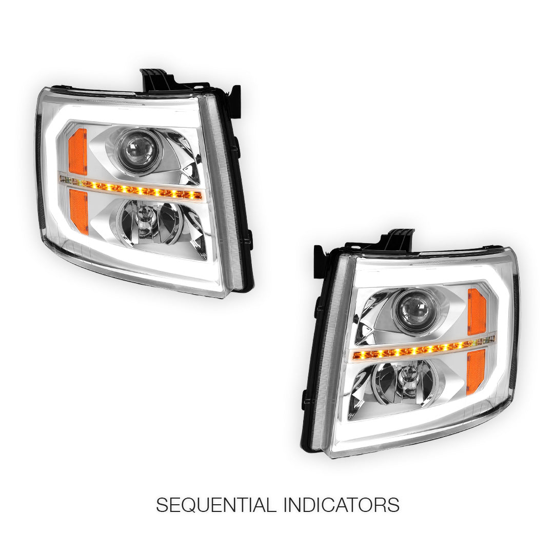 Chevrolet Silverado 3500 LS / LT / LTZ (2007 - 2014) LED DRL Bar + Sequential Signal Projector Headlights LH + RH