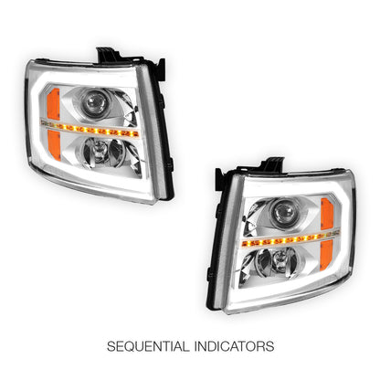 Chevrolet Silverado 3500 LS / LT / LTZ (2007 - 2014) LED DRL Bar + Sequential Signal Projector Headlights LH + RH