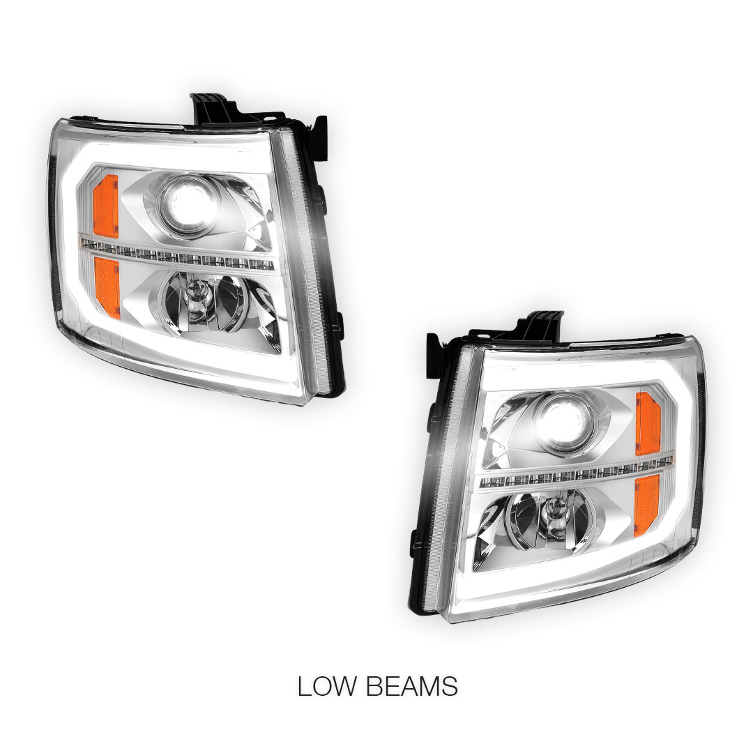 Chevrolet Silverado 3500 LS / LT / LTZ (2007 - 2014) LED DRL Bar + Sequential Signal Projector Headlights LH + RH
