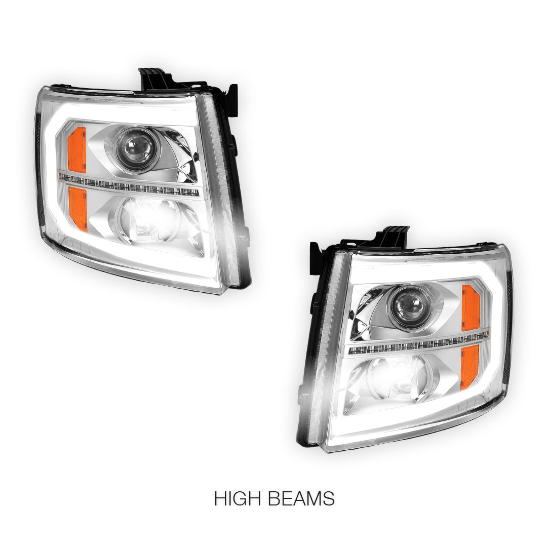 Chevrolet Silverado 3500 LS / LT / LTZ (2007 - 2014) LED DRL Bar + Sequential Signal Projector Headlights LH + RH