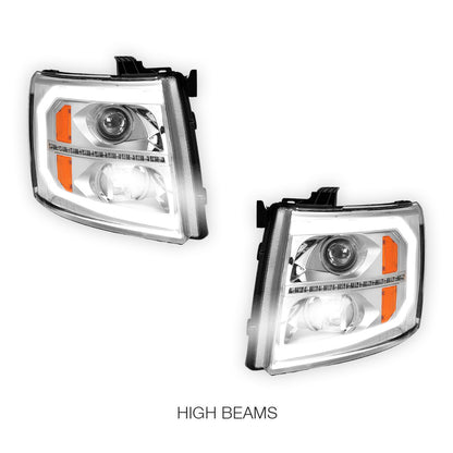 Chevrolet Silverado 3500 LS / LT / LTZ (2007 - 2014) LED DRL Bar + Sequential Signal Projector Headlights LH + RH