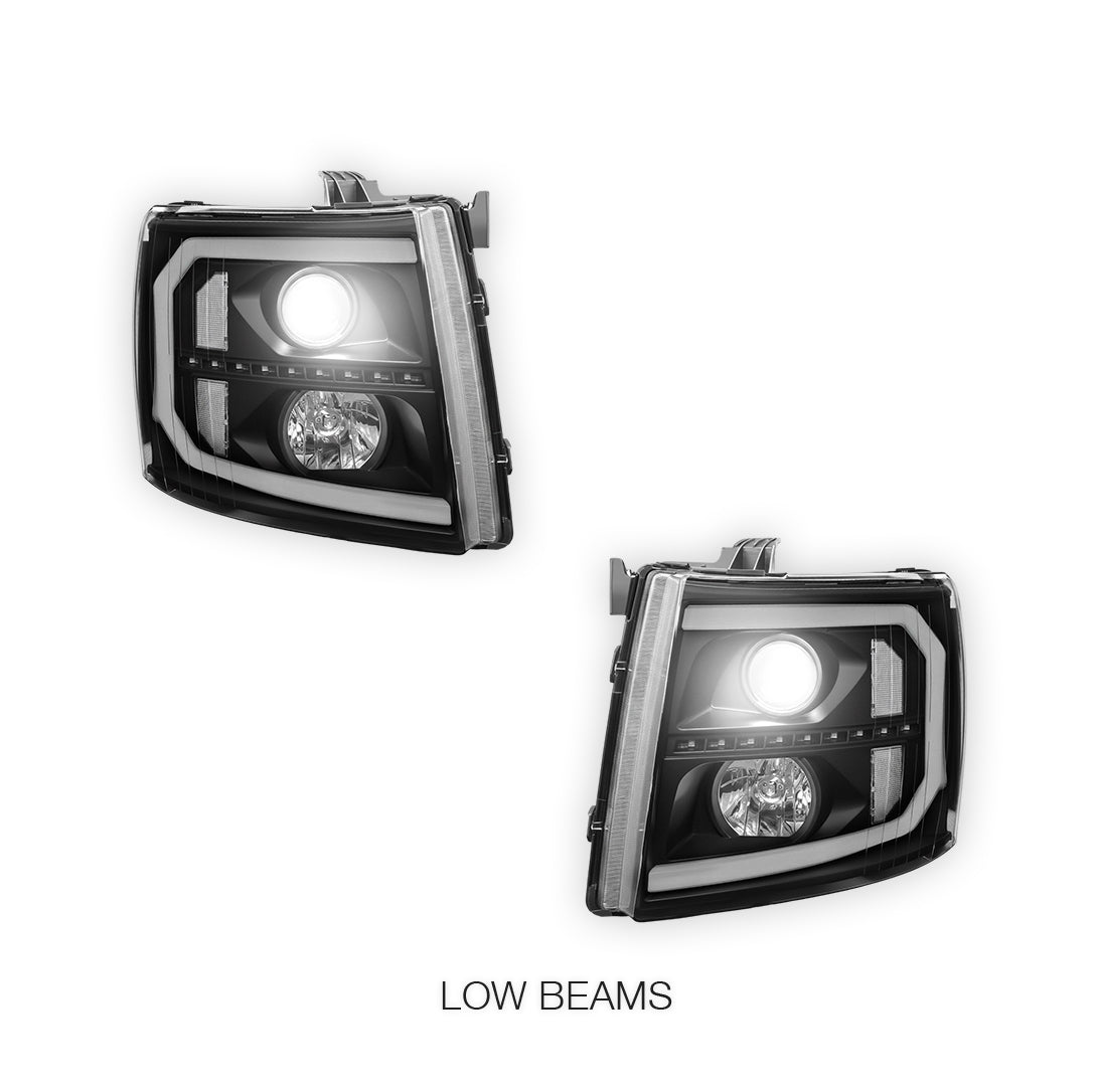 Chevrolet Silverado 3500 HD LS / LT / LTZ (2007 - 2014) LED DRL Bar + Sequential Signal Projector Headlights LH + RH