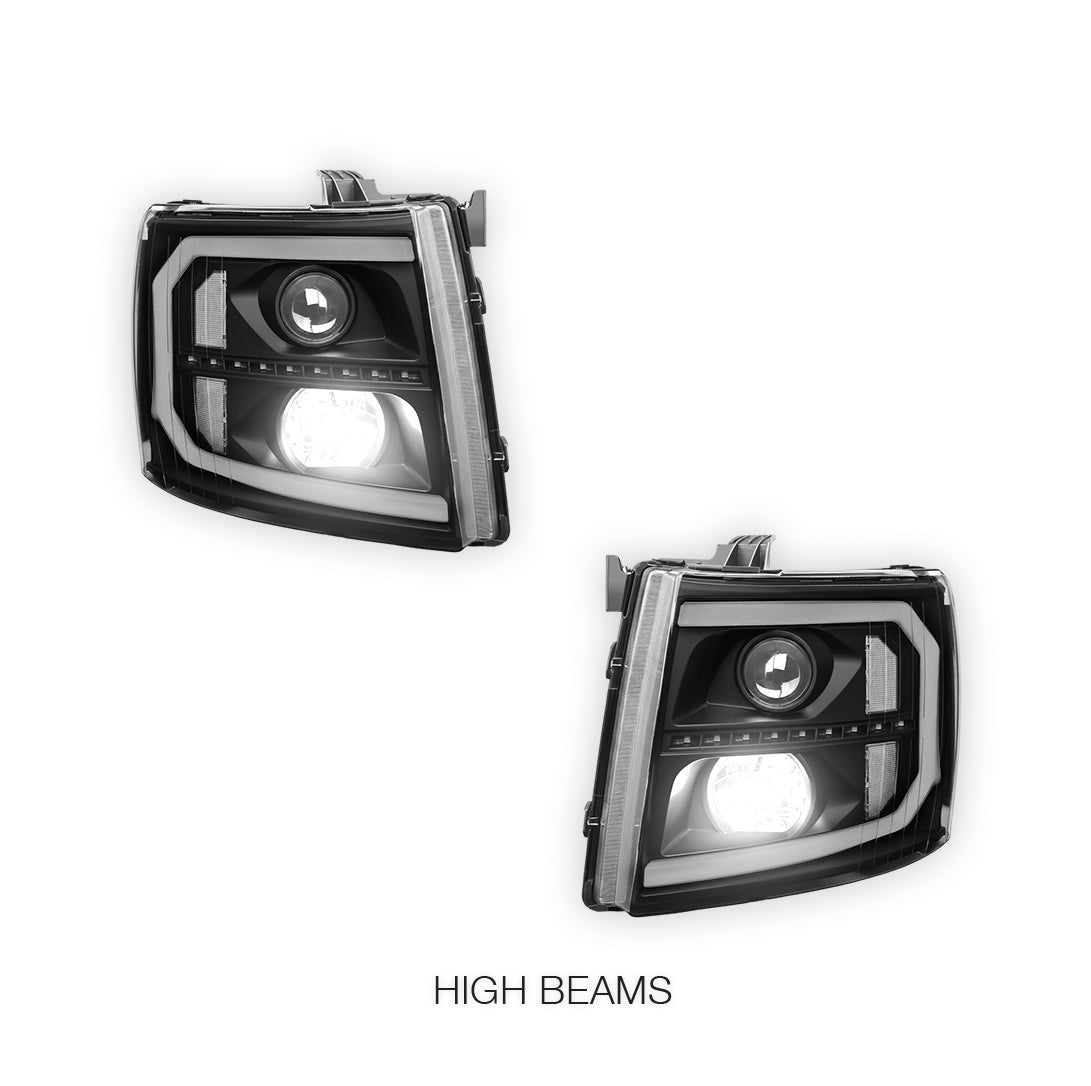 Chevrolet Silverado 3500 HD LS / LT / LTZ (2007 - 2014) LED DRL Bar + Sequential Signal Projector Headlights LH + RH
