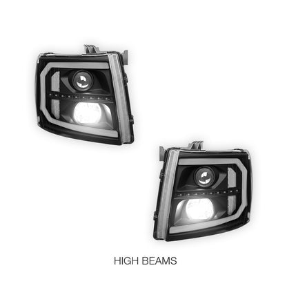 Chevrolet Silverado 3500 HD LS / LT / LTZ (2007 - 2014) LED DRL Bar + Sequential Signal Projector Headlights LH + RH