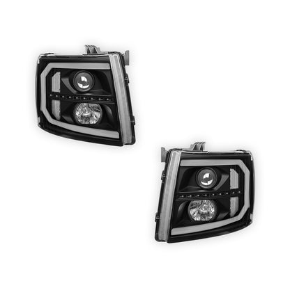 Chevrolet Silverado 3500 HD LS / LT / LTZ (2007 - 2014) LED DRL Bar + Sequential Signal Projector Headlights LH + RH