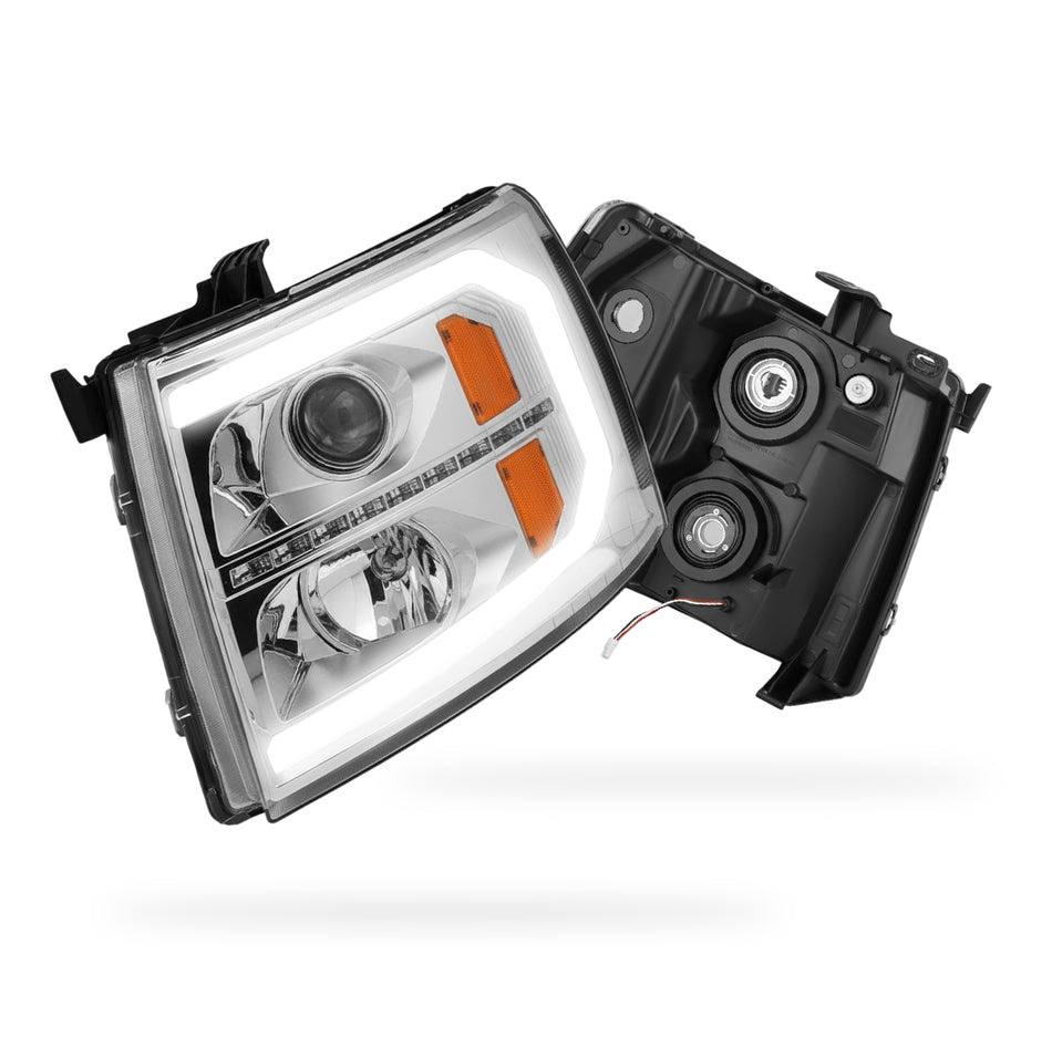 Chevrolet Silverado 3500 HD LS / LT / LTZ (2007 - 2014) LED DRL Bar + Sequential Signal Projector Headlights LH + RH