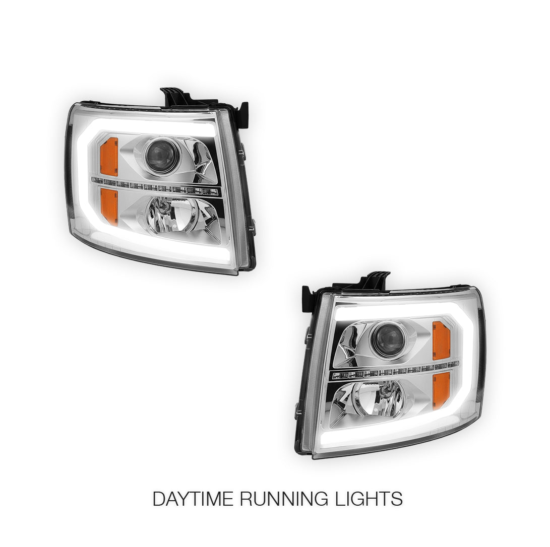 Chevrolet Silverado 3500 HD LS / LT / LTZ (2007 - 2014) LED DRL Bar + Sequential Signal Projector Headlights LH + RH