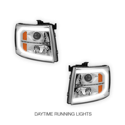 Chevrolet Silverado 3500 HD LS / LT / LTZ (2007 - 2014) LED DRL Bar + Sequential Signal Projector Headlights LH + RH