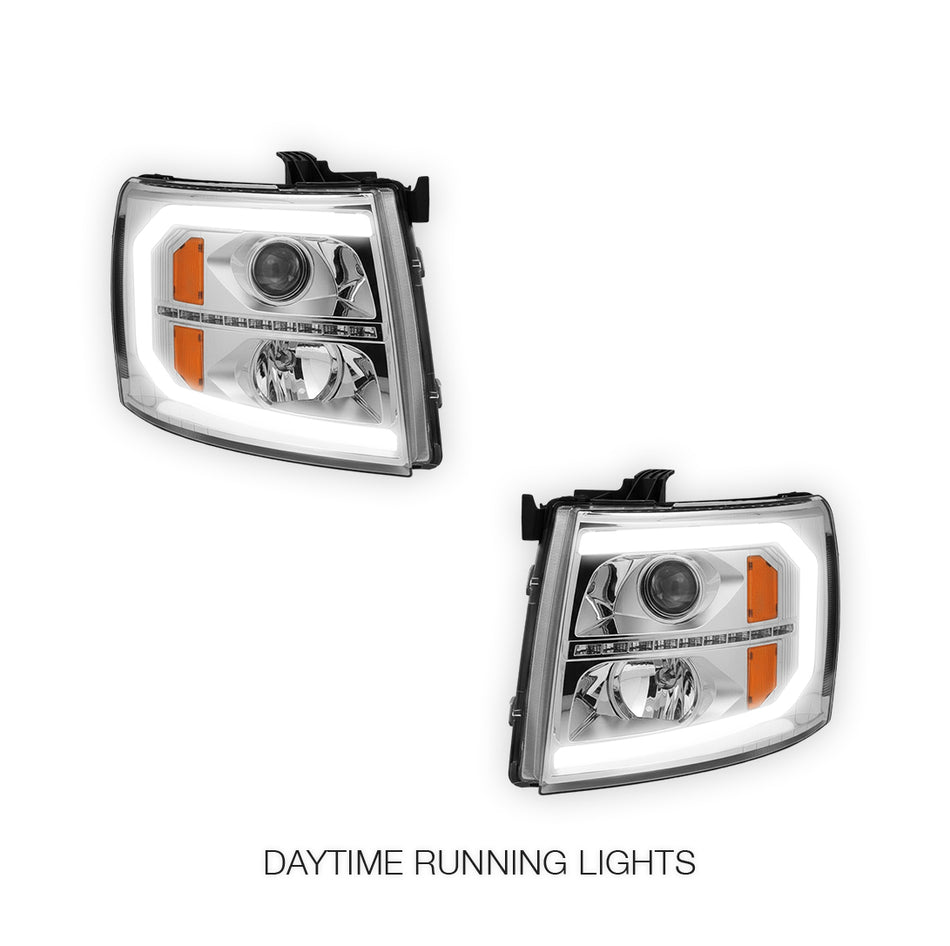 Chevrolet Silverado 3500 HD LS / LT / LTZ (2007 - 2014) LED DRL Bar + Sequential Signal Projector Headlights LH + RH