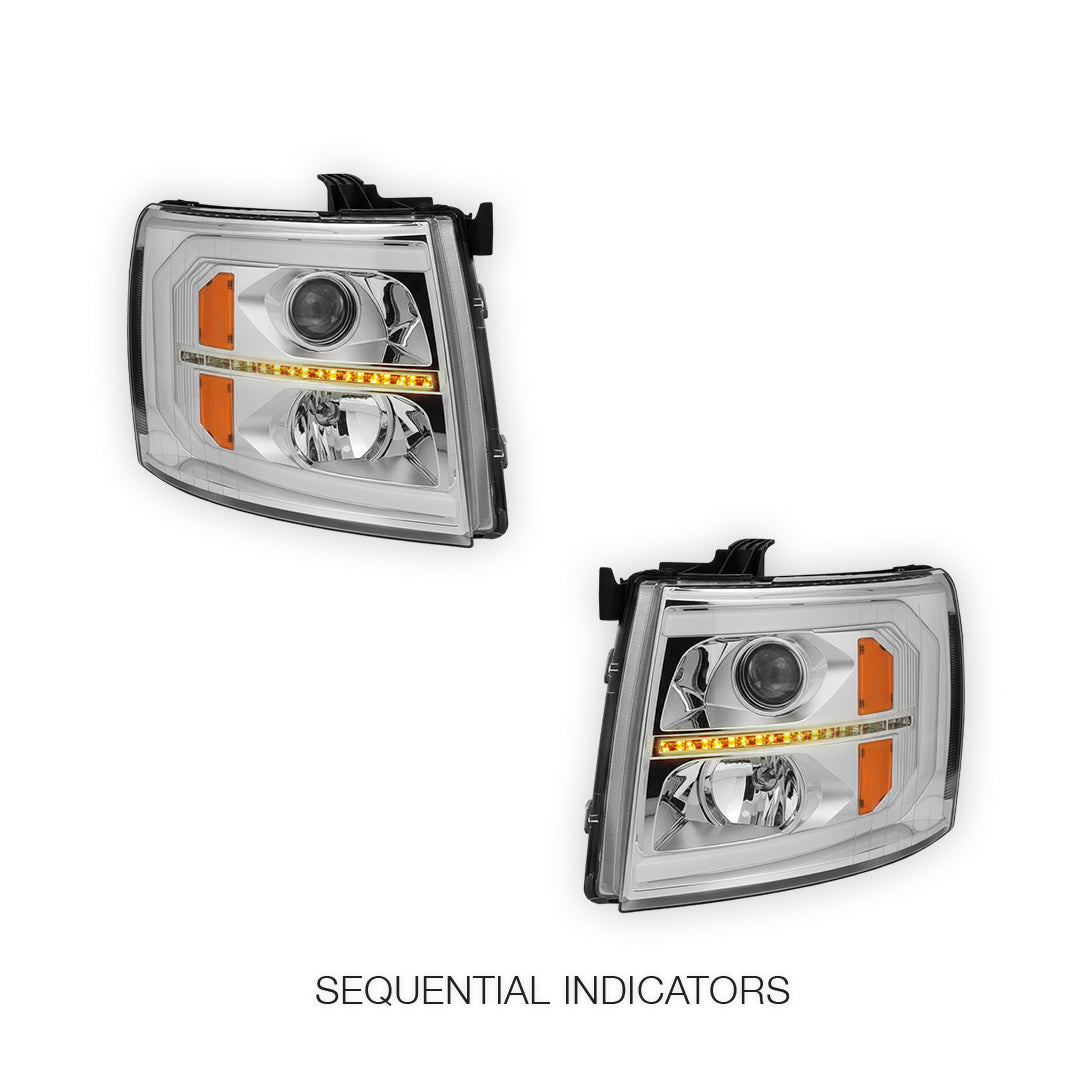 Chevrolet Silverado 3500 HD LS / LT / LTZ (2007 - 2014) LED DRL Bar + Sequential Signal Projector Headlights LH + RH