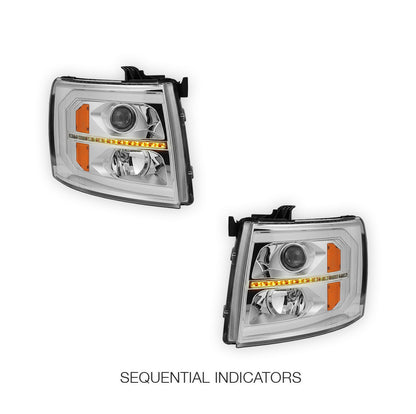 Chevrolet Silverado 3500 HD LS / LT / LTZ (2007 - 2014) LED DRL Bar + Sequential Signal Projector Headlights LH + RH