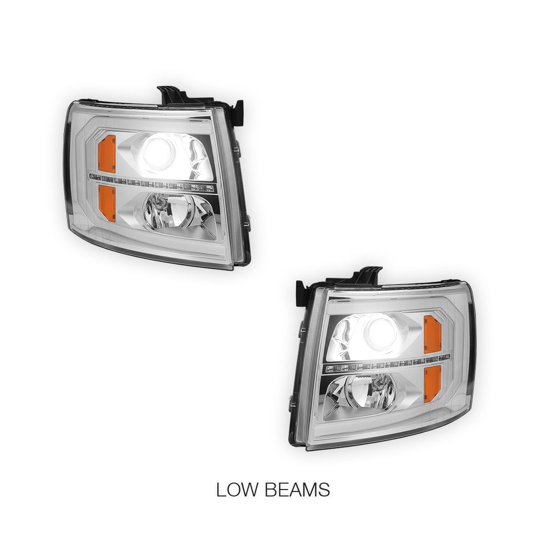 Chevrolet Silverado 3500 HD LS / LT / LTZ (2007 - 2014) LED DRL Bar + Sequential Signal Projector Headlights LH + RH