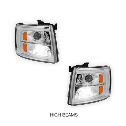 Chevrolet Silverado 3500 HD LS / LT / LTZ (2007 - 2014) LED DRL Bar + Sequential Signal Projector Headlights LH + RH