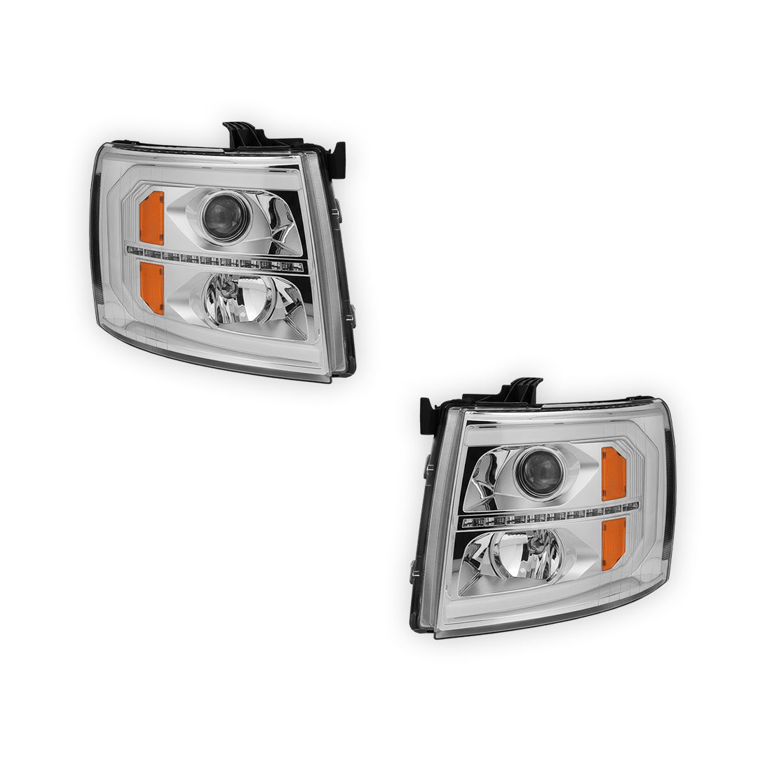 Chevrolet Silverado 3500 HD LS / LT / LTZ (2007 - 2014) LED DRL Bar + Sequential Signal Projector Headlights LH + RH