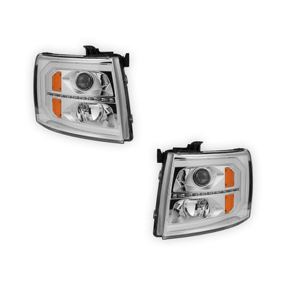 Chevrolet Silverado 3500 HD LS / LT / LTZ (2007 - 2014) LED DRL Bar + Sequential Signal Projector Headlights LH + RH