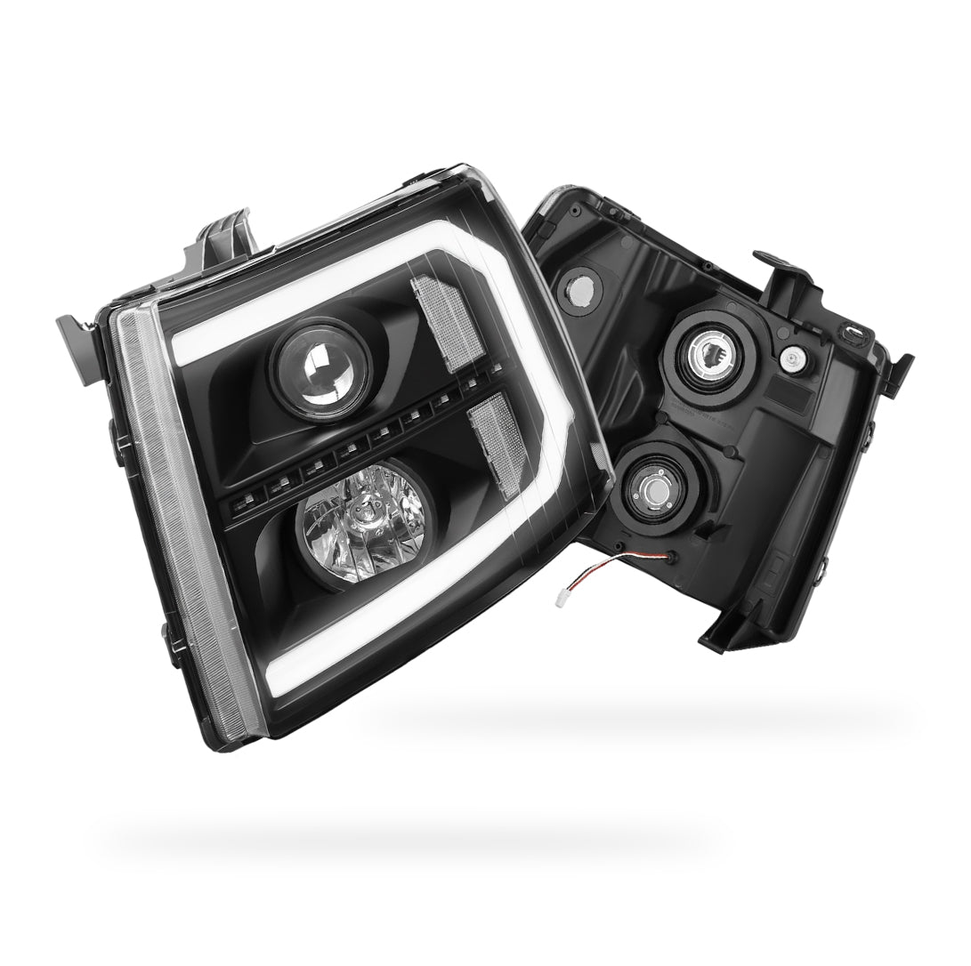 Chevrolet Silverado 3500 HD LS / LT / LTZ (2007 - 2014) LED DRL Bar + Sequential Signal Projector Headlights LH + RH