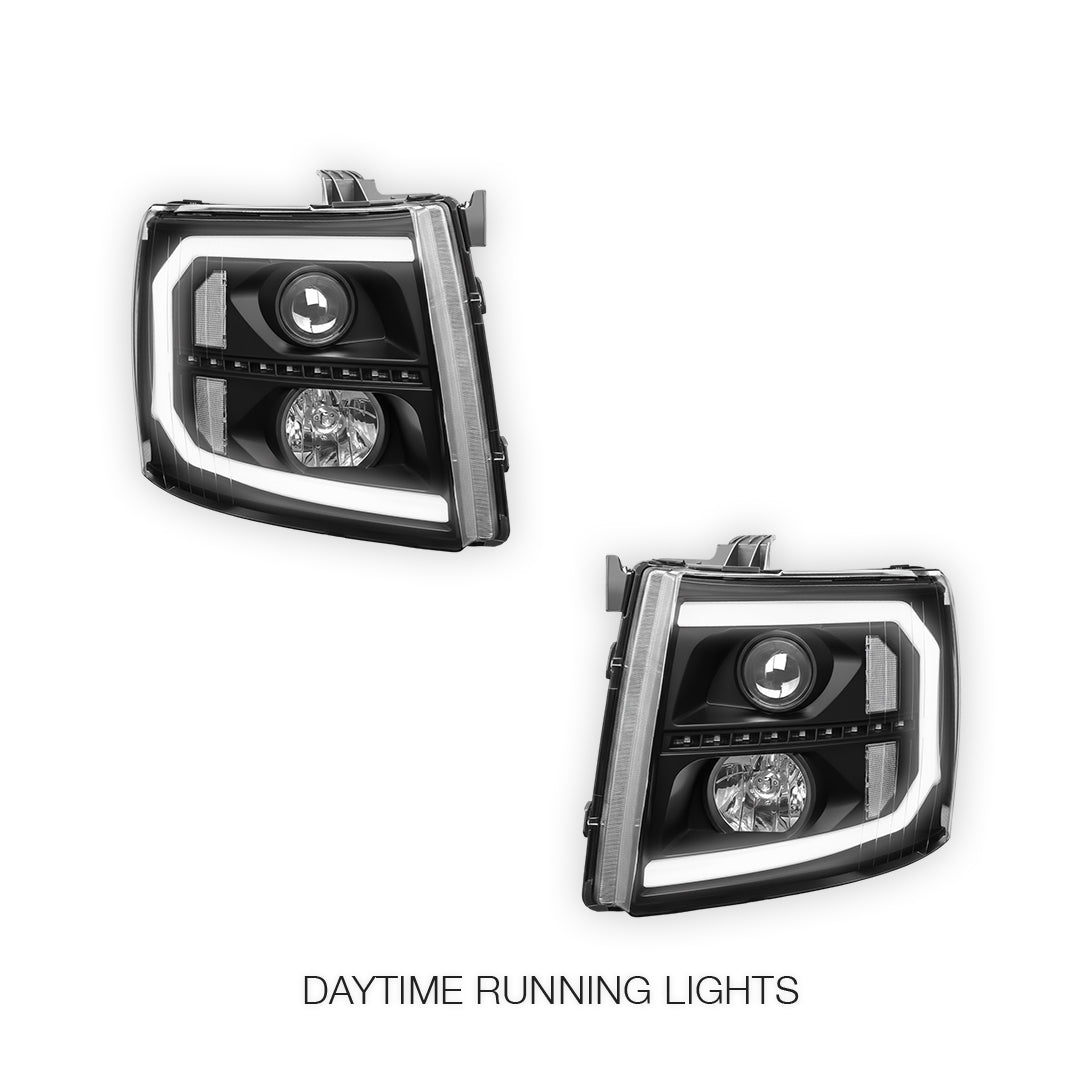 Chevrolet Silverado 3500 HD LS / LT / LTZ (2007 - 2014) LED DRL Bar + Sequential Signal Projector Headlights LH + RH